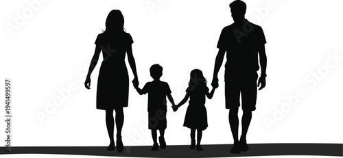 family silhouette walking together, parents with children holding hands, happy family bonding concept, love, parenting, unity illustration