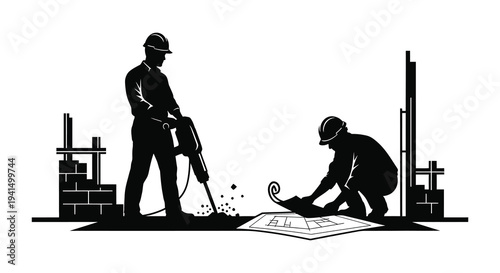 Construction workers operate machinery and review blueprints against a backdrop of building materials a striking silhouette high quality professional detailed modern