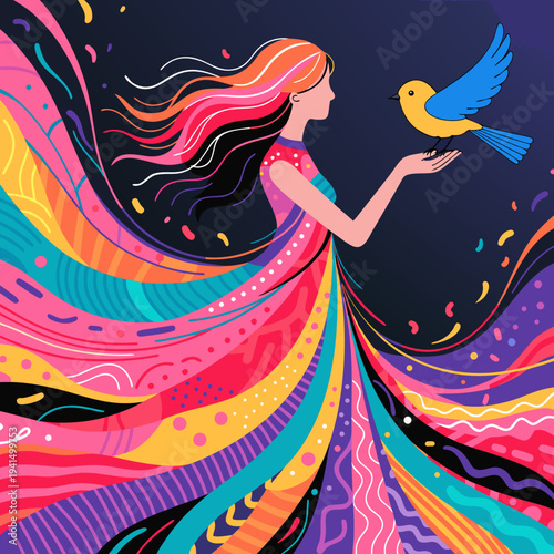 Woman in colorful dress with a bird on her hand