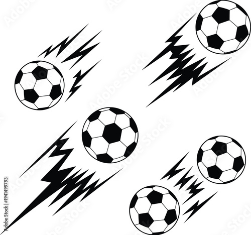 Black and white soccer ball vector set with motion speed lines smoke and star burst icons for sports competition graphics,