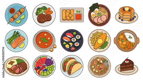 Global food dishes collection with sushi tacos pasta soup and steak