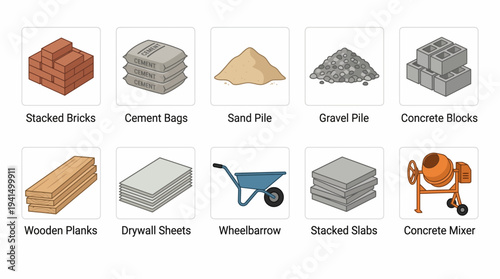Construction materials icon set with bricks cement sand and mixer