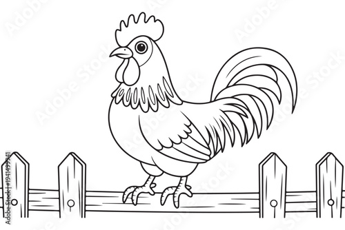 A proud rooster standing gracefully on a rustic wooden fence in a charming farm setting