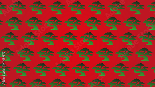 A repeating pattern of stylized green trees with dark canopies and light trunks on a vibrant red background.