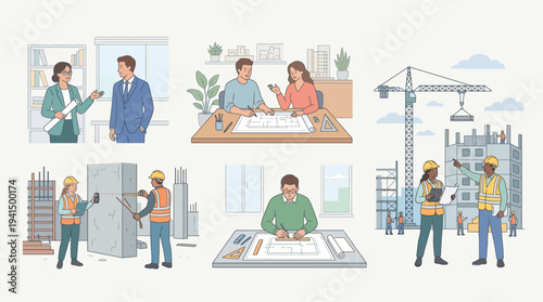 Construction project scenes with architects engineers and crane