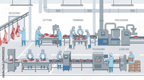 Meat factory production line with workers cutting packing and labeling