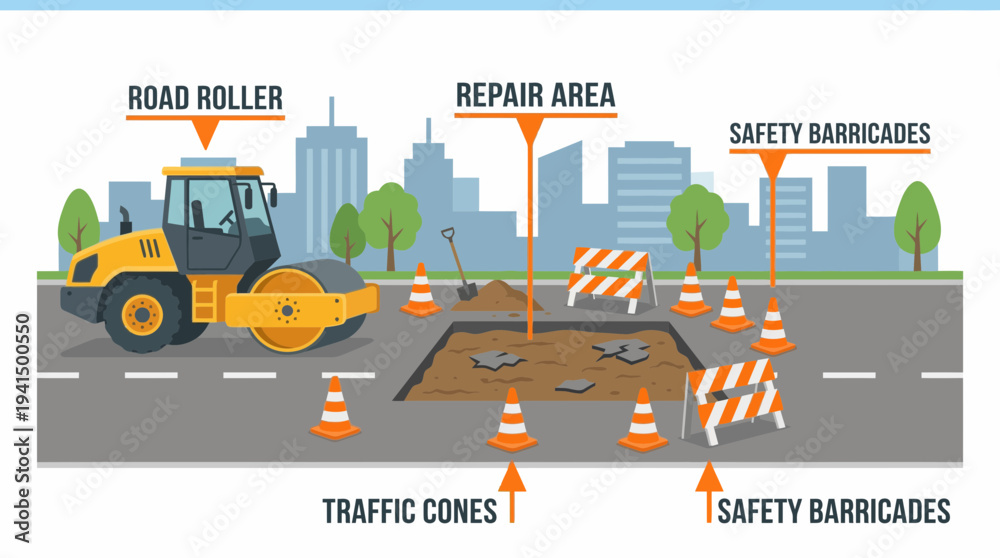 Fototapeta premium Urban road maintenance with roller barriers cones and repair crew