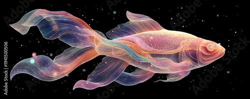 Translucent glowing koi fish composed of colorful flowing abstract lines swims in the darkness