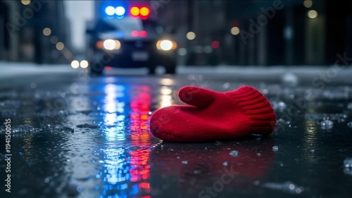 Red mittens on wet street with police car in background at night