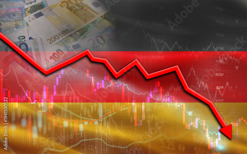 Financial fall of Germany on economy market. Germany financial crisis on economic graph
