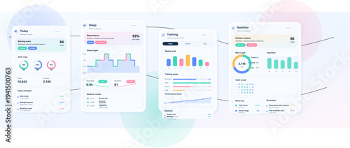 Four modern digital health dashboard interface cards displaying data