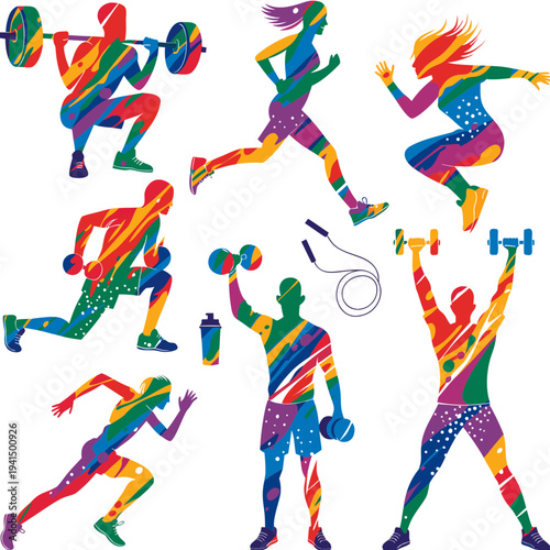 Vibrant fitness silhouettes diverse exercisers in motion