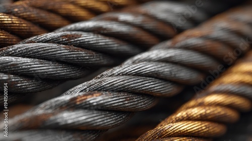 Macro close up of heavy duty braided steel wire ropes and industrial metal cables with rust