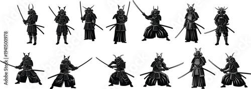 Collection of samurai warrior silhouettes with traditional armor and swords, Japanese feudal fighters in different combat poses isolated on white background