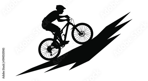 A dynamic black silhouette depicts a mountain biker ascending a steep abstract trail showcasing energetic motion silhouette high quality professional detailed