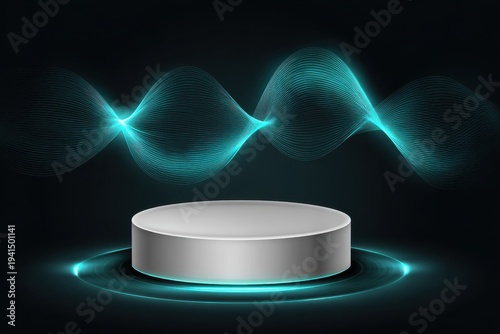 Cylindrical podium display illuminated by flowing cyan abstract wave lines in darkness