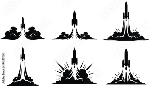 Rocket launch silhouettes, space exploration concept, spacecraft ascending, flames and smoke illustration, technology design, propulsion art, dramatic ascent, flat vector illustration