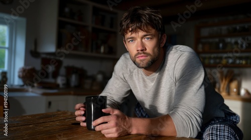 Contemplative man enjoying coffee at home intimate moment lifestyle photography cozy kitchen setting natural light