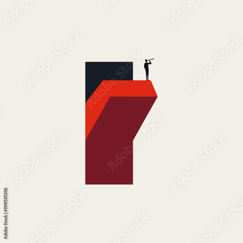 Businessman with Telescope on Giant Red Switch Searching for Startup Vision Business Minimalist Vector Illustration. Symbol of Innovation, New Ideas, Technology and Visionary Leadership.