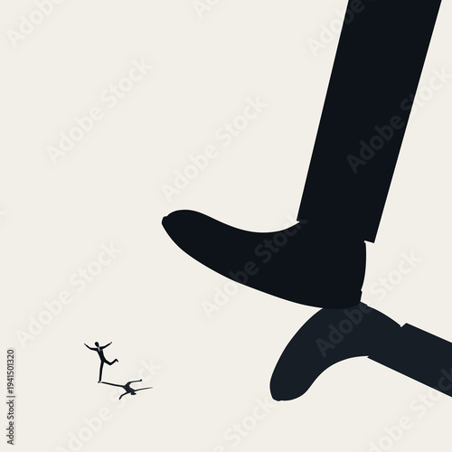 Giant Foot Crushing Tiny Businessman Minimalist Vector Concept Representing Corporate Oppression and Tyranny. Eps10 Business Minimalist Illustration.