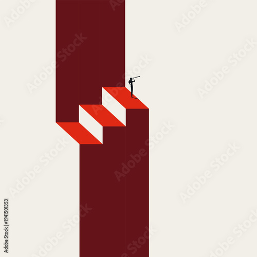 Business Minimalist Vector Concept of a Silhouette Business Woman Atop Red Stairs Looking Through Telescope for Future Vision. Minimal Eps10 Illustration. Symbol of Future, Success