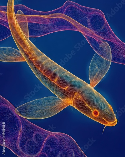 Illuminated wireframe fish swims among abstract glowing purple energy waves