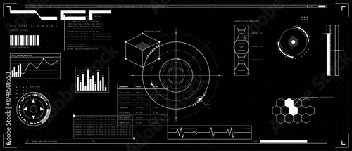 A futuristic digital head-up display interface featuring data