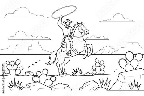 A smiling cowboy with a lasso rides a rearing horse in a desert scene with mountains and cacti
