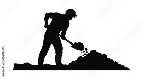 A black silhouette of a worker digging with a shovel standing near a pile of earth and debris silhouette high quality