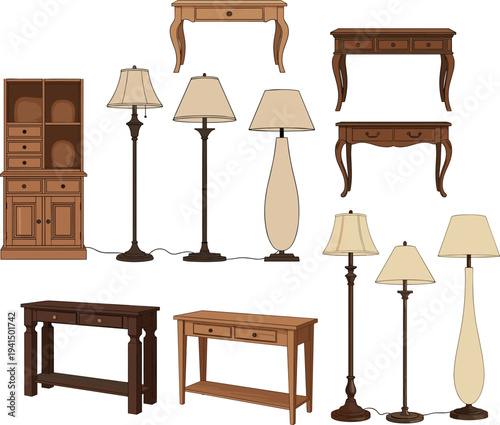 Collection of vintage wooden furniture and floor lamps, classic home interior decor elements including cabinets, tables and lighting isolated on white background