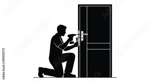 A man is kneeling to install a door lock depicted in a striking black silhouette high quality professional detailed modern elegant
