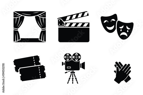 Theater and cinema entertainment silhouette icon collection. Vector