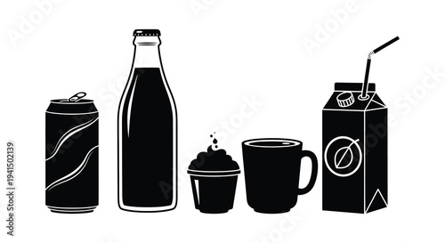 A minimalist black and white arrangement of various beverage containers and a sweet treat silhouette high quality professional detailed modern elegant