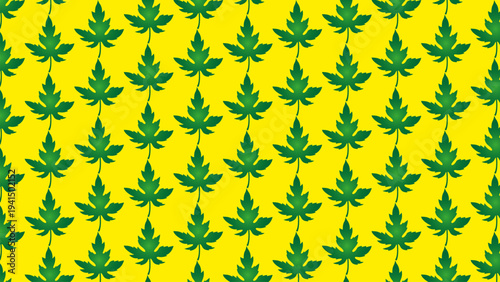 Vibrant green cannabis leaves pattern on bright yellow background.