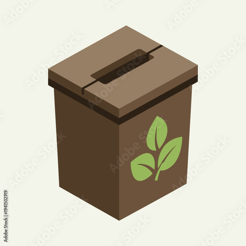 Brown compost bin with green leaf symbol for organic waste recycling.