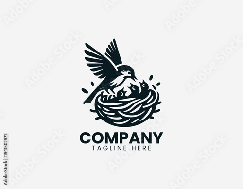 Parent bird feeding baby chicks in nest in clean modern wildlife vector illustration style