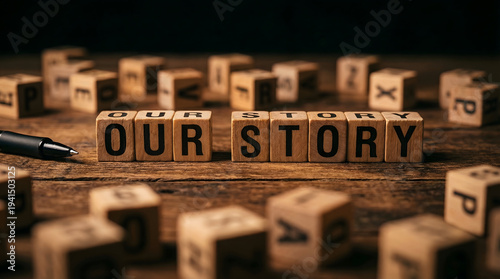 Our Story Text on Wood Blocks with Blurred Background