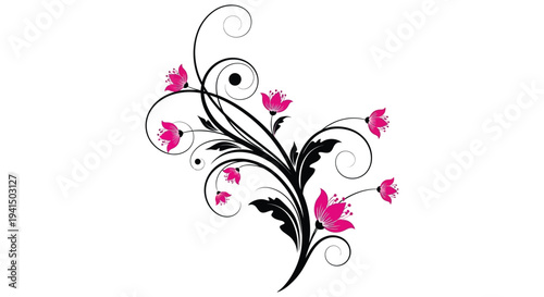 A vibrant floral arrangement with swirling stems and bright pink blossoms against a stark white background silhouette high quality professional detailed
