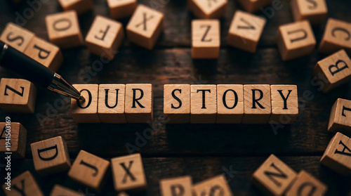 Our Story text on wooden blocks for brand history and corporate storytelling narrative