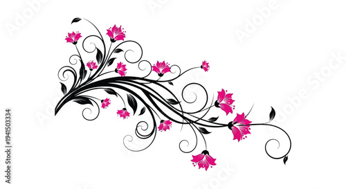 A decorative floral arrangement with swirling branches and vibrant pink blossoms creates an elegant design silhouette high quality professional detailed modern