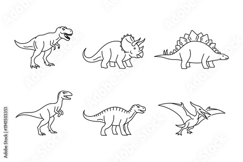 Dinosaur line icons set, prehistoric animals vector collection featuring T-rex, Triceratops, Stegosaurus and Pterodactyl