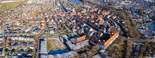 Aerial view around the old town of the city Hüfingen in Germany on a sunny late autumn noon
