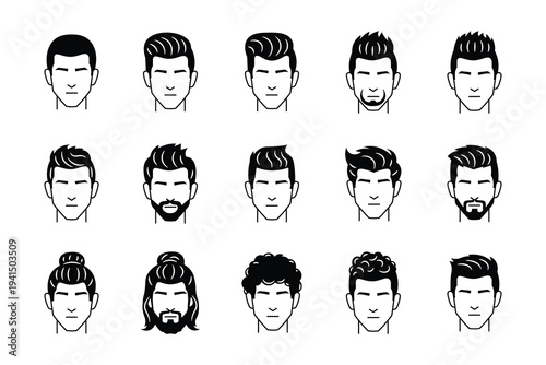 Set of men's hairstyles and facial hair icons, vector male head avatars with different haircuts and beards for barber shop design