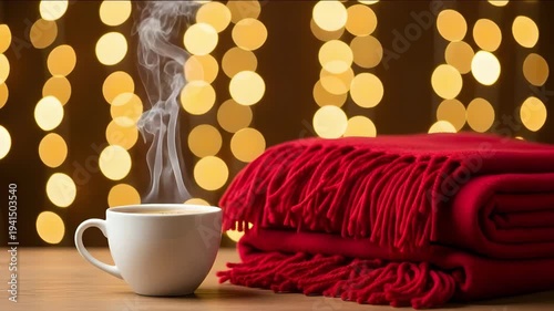 Cozy scene with steaming cup of coffee and red blanket on wooden table