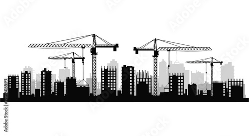 A stark cityscape featuring construction cranes and buildings rendered as a dramatic black silhouette high quality professional detailed modern elegant stylish