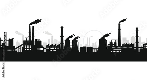 A stark black silhouette depicts an industrial cityscape with numerous smokestacks emitting pollution creating a somber scene silhouette high quality professional