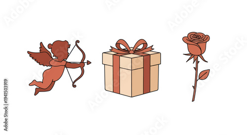 Cupid Gift Rose Valentine Day Illustration.