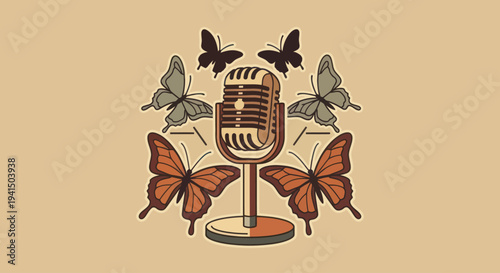 Vintage Microphone Surrounded by Butterflies Illustration.