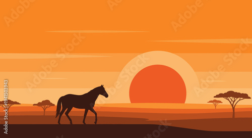 Horse Silhouette Walking at Sunset Time.