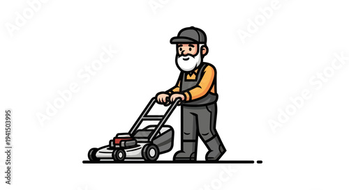 Man Mowing Lawn with Lawnmower.